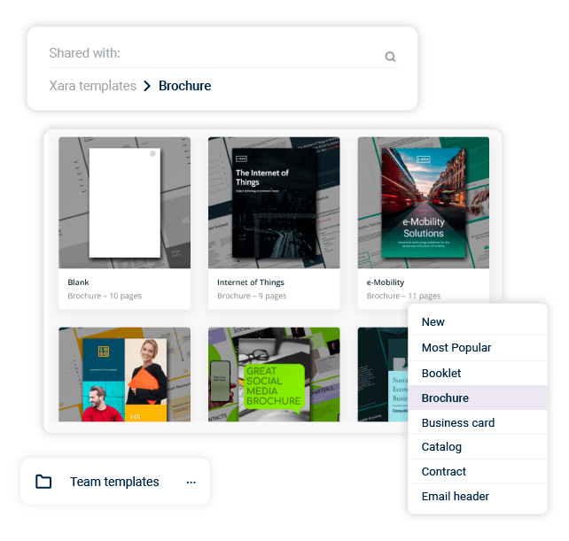 Centralized asset library showing brochure templates in Xara Cloud