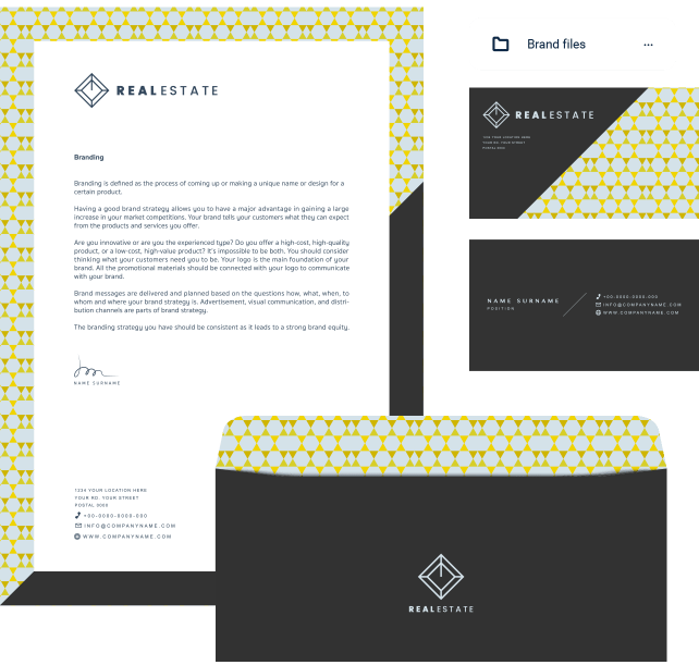 Real Estate Branded Documents: business card, envelop, letter templates in Xara Cloud