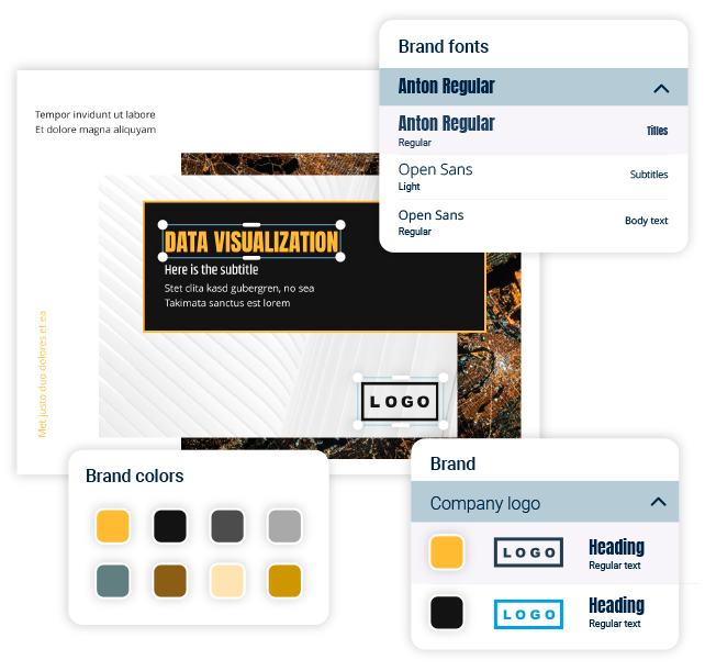 An example of a brand's guide style in Xara Cloud: colors, logos, and fonts applied to a data visualization document template